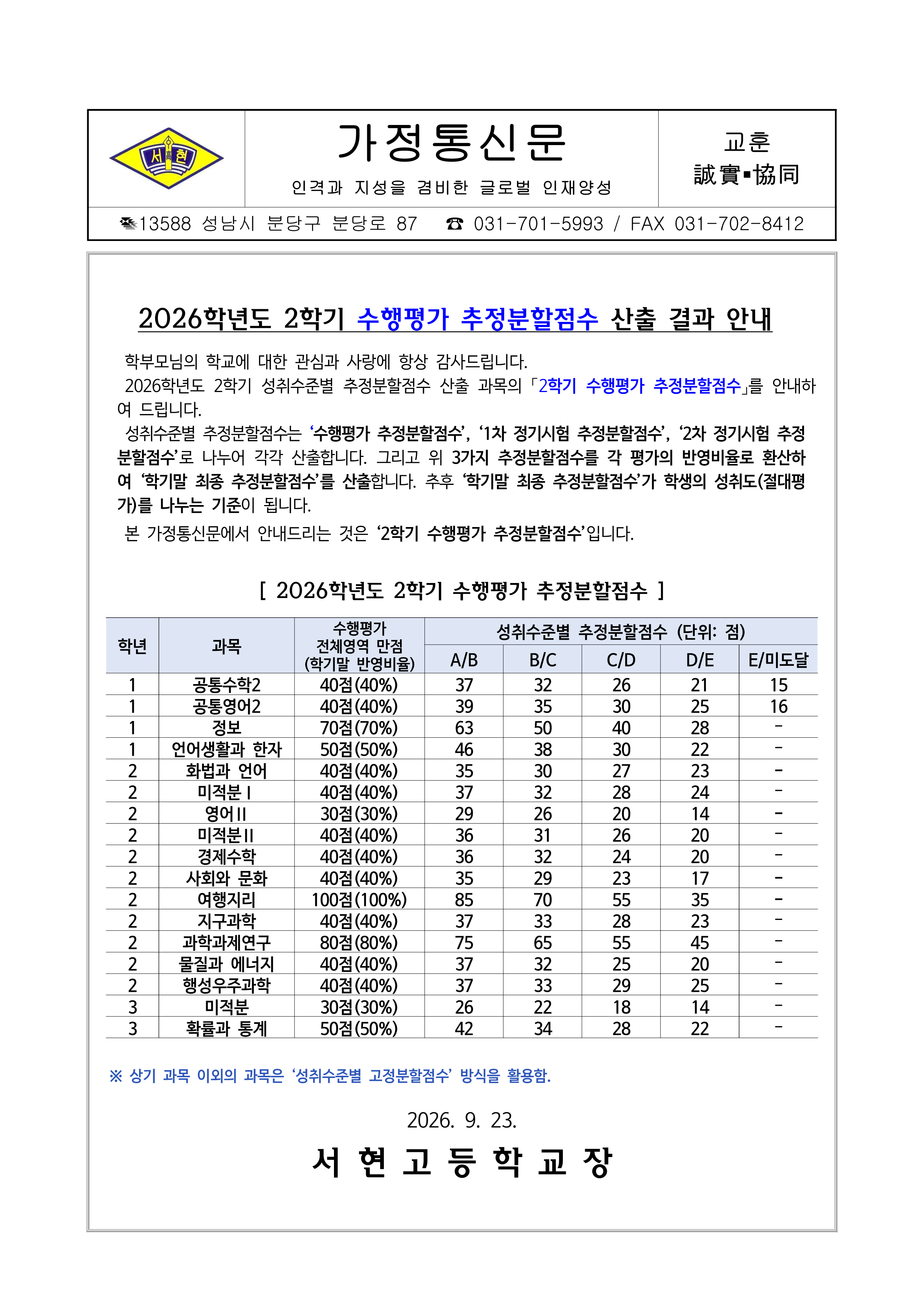 2026학년도 2학기 수행평가 추정분할점수 안내(가정통신문)_1